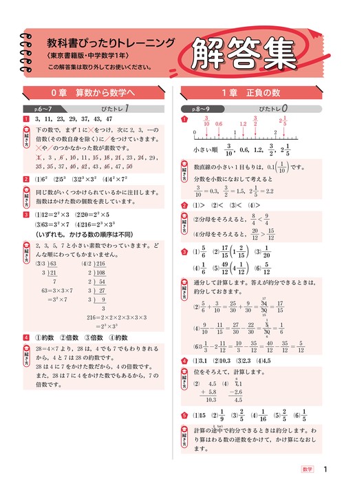 中学 教科書ぴったりトレーニング 数学1年 東京書籍版（教科書完全