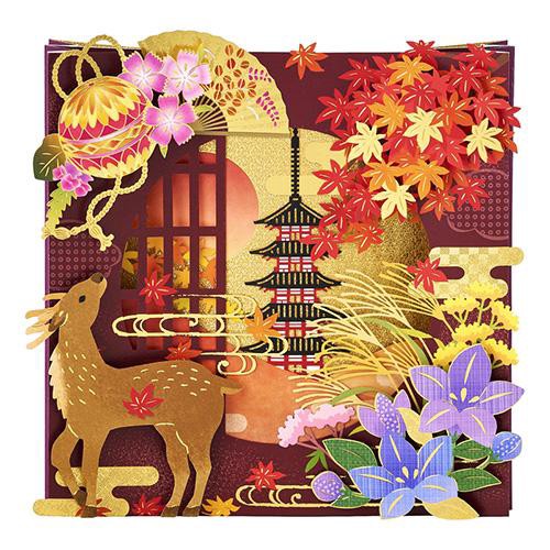 秋 コラージュボックス丸窓に紅葉 グリーティングカード – 丸善