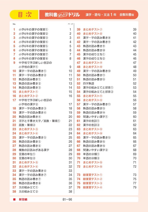 中学 教科書ぴったりドリル 漢字・語句・文法1年 全教科書版 1回10