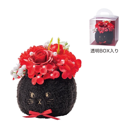 GREEN HOUSE ふわふわネコポットソープフラワー 透明BOX入 レッド