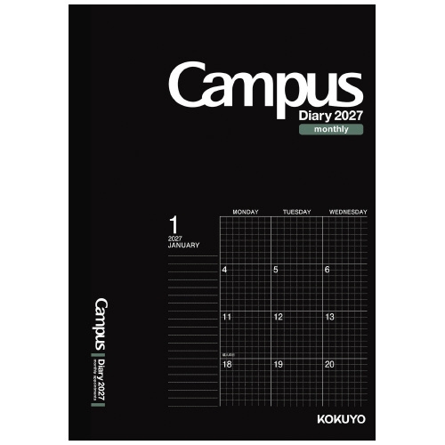 Campus Diary キャンパスダイアリー 1月始まり A5 マンスリ― 方眼罫 ブラック
