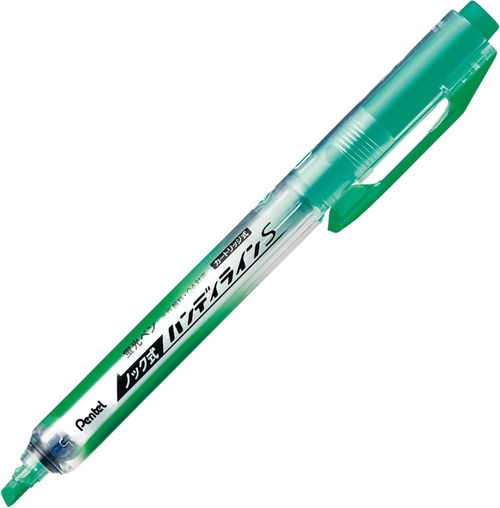 ノック式ハンディラインS ライトグリーン 蛍光マーカー 1.0mm~3.5mm 水性顔料、ノック式蛍光マーカー